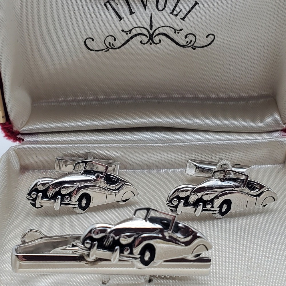 Swank Convertible Cufflinks & Tie Clip Silver Tone Tivoli Bar Clasp Vintage Auto